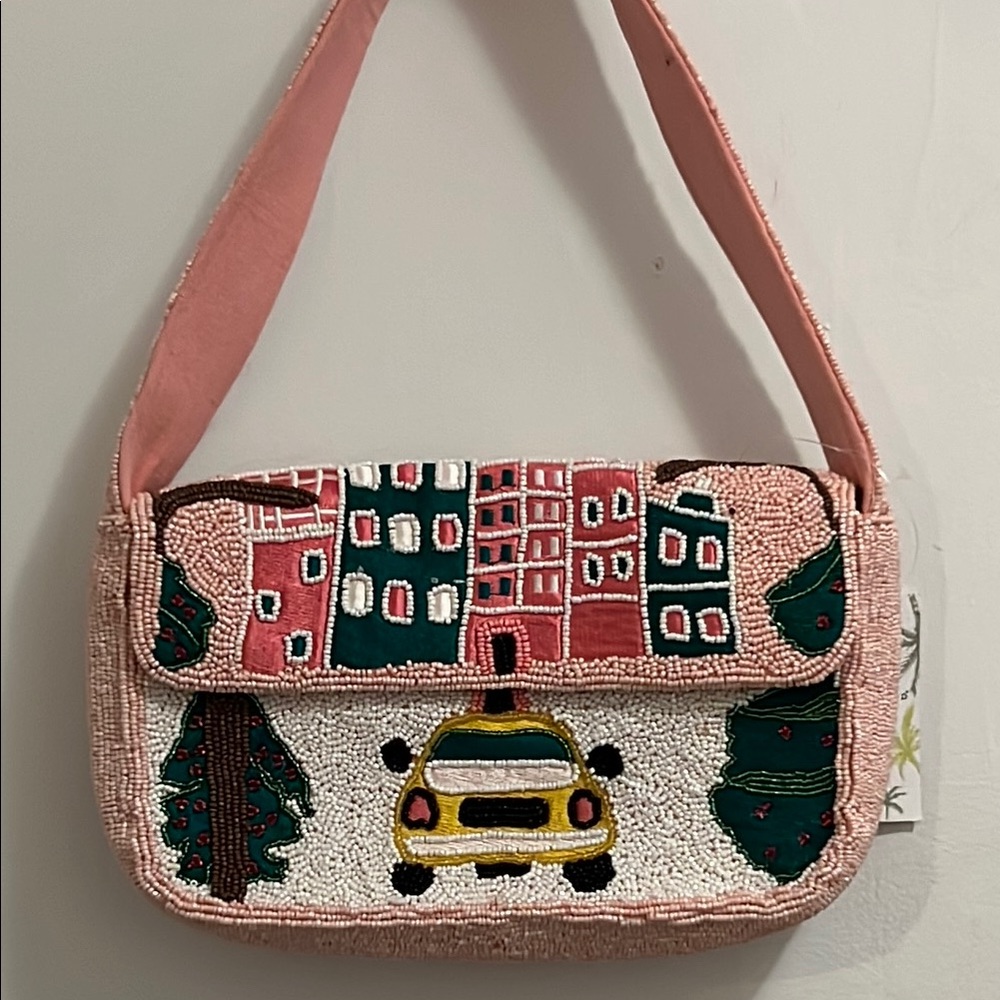 Pink Christmas Scene beaded bag NEW